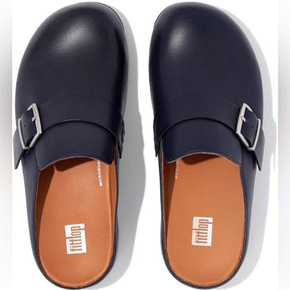 FitFlop Shuv Buckle-Strap Midnight Navy Blue Leather Slip On Comfort Clogs - Picture 1 of 11